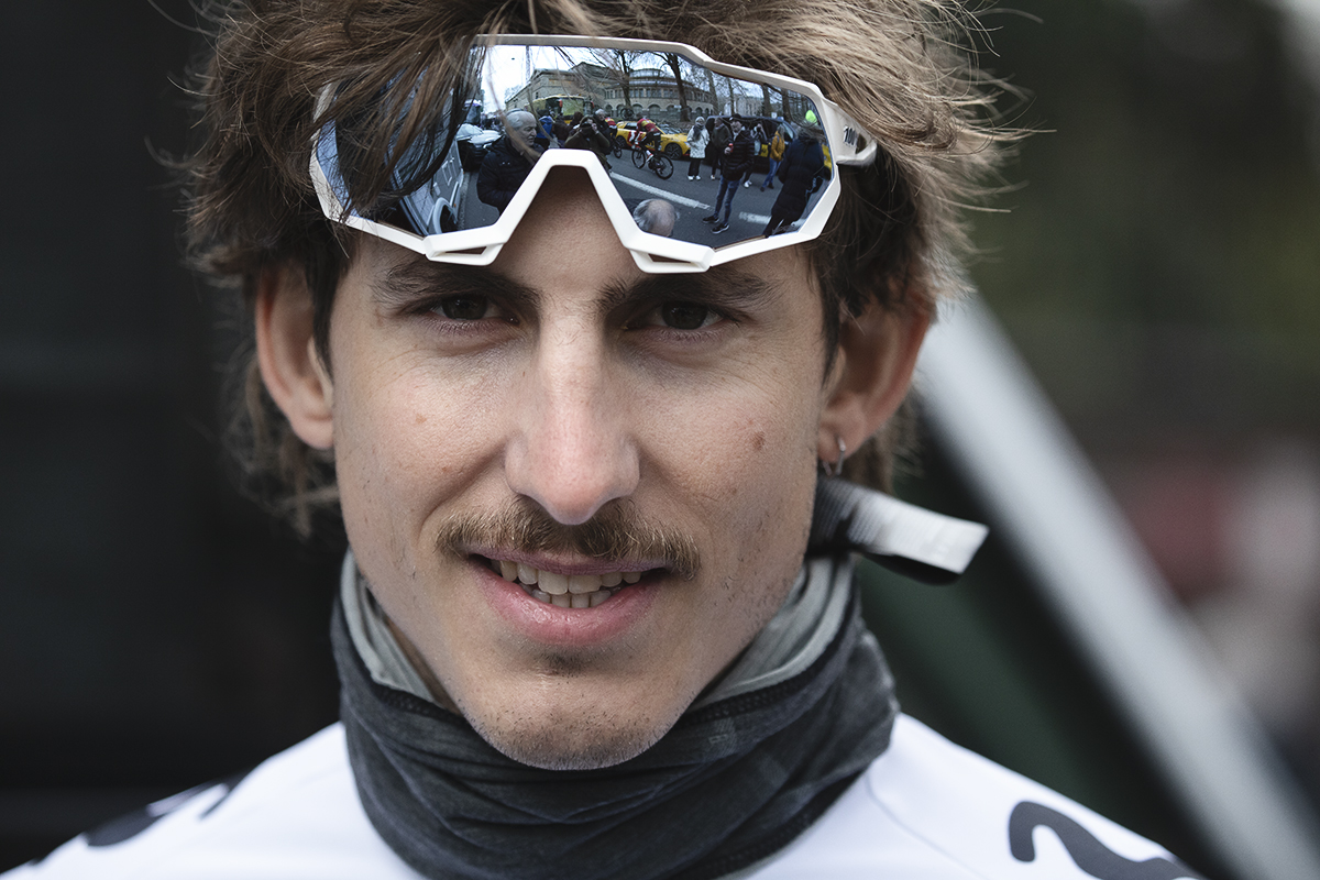 Omloop Nieuwsblad 2025 - Iván García Cortina of Movistar Team with his sunglasses on his head before the start of the race