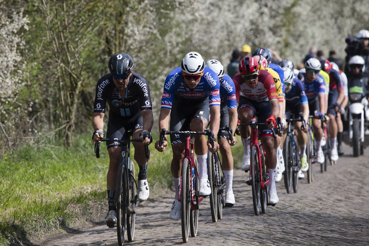 Paris Roubaix 2023 - Mathieu van de Poel of Alpecin-Deceuninck and John Degankolb of Team DSM at the front of the lead group on the Wallers à Hélesmes sector