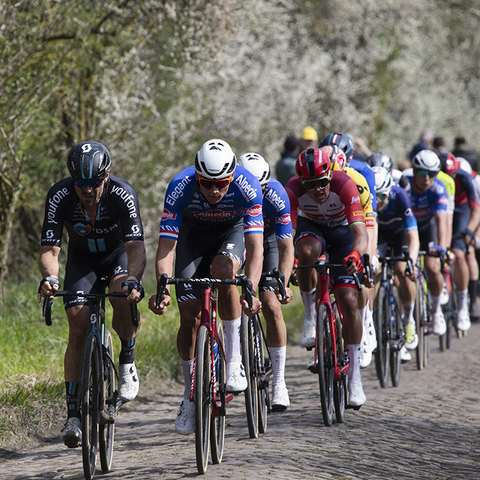 Paris Roubaix 2023 - Mathieu van de Poel of Alpecin-Deceuninck and John Degankolb of Team DSM at the front of the lead group on the Wallers à Hélesmes sector