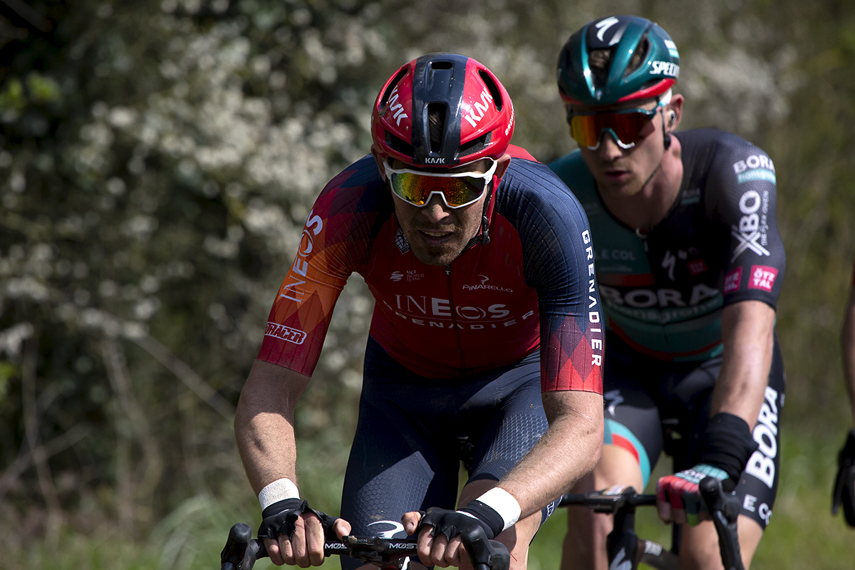 Paris Roubaix 2023 - Luke Rowe from INEOS Grenadiers shows signs of an earlier crash as he tackles the cobbles