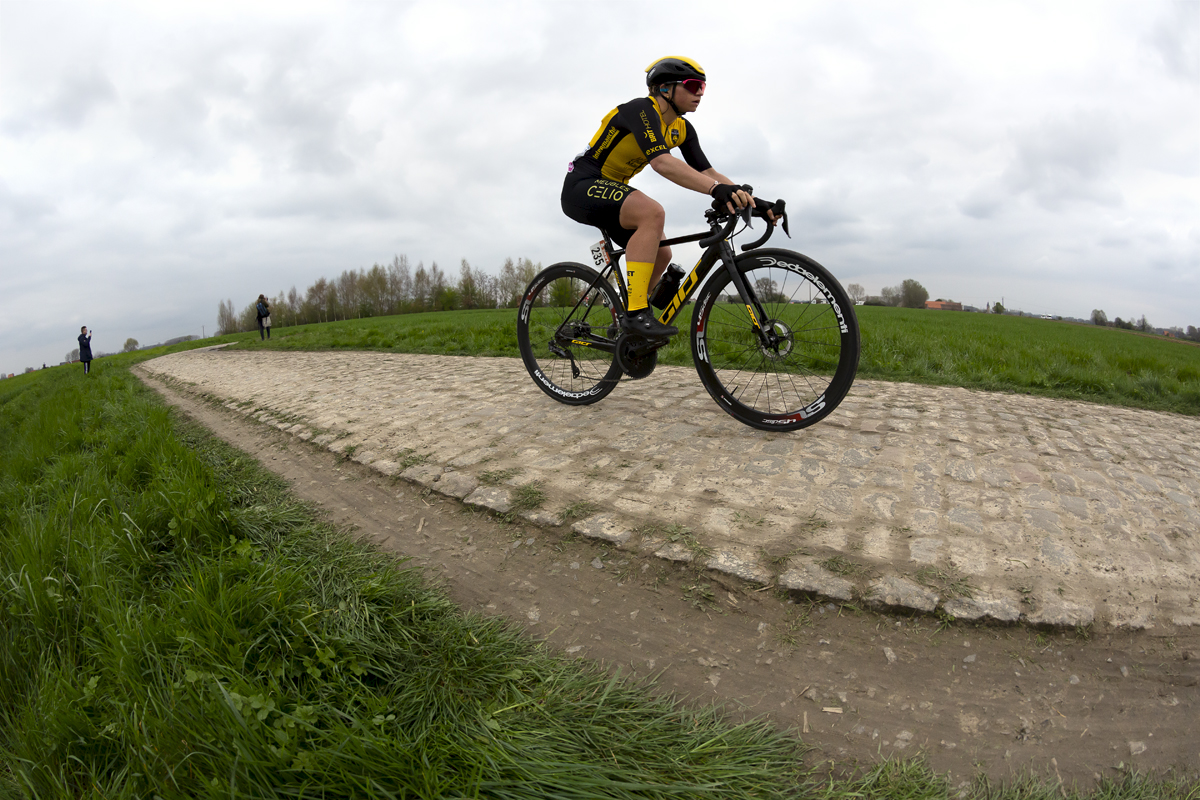 Paris Roubaix Femmes 2023 - Chloé Schoenenberger of Stade Rochelais Charente-Maritime on the cobbles of the Auchy-lez-Orchies à Bersée sector