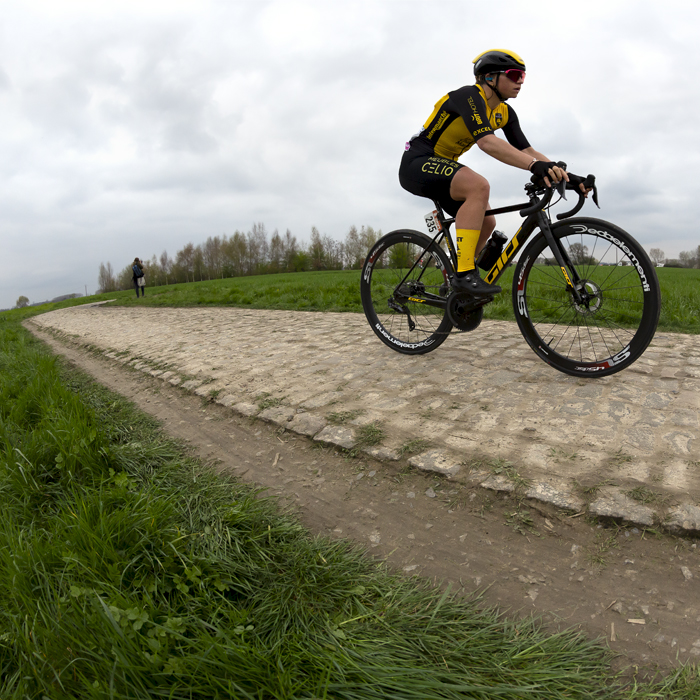 Paris Roubaix Femmes 2023 - Chloé Schoenenberger of Stade Rochelais Charente-Maritime on the cobbles of the Auchy-lez-Orchies à Bersée sector