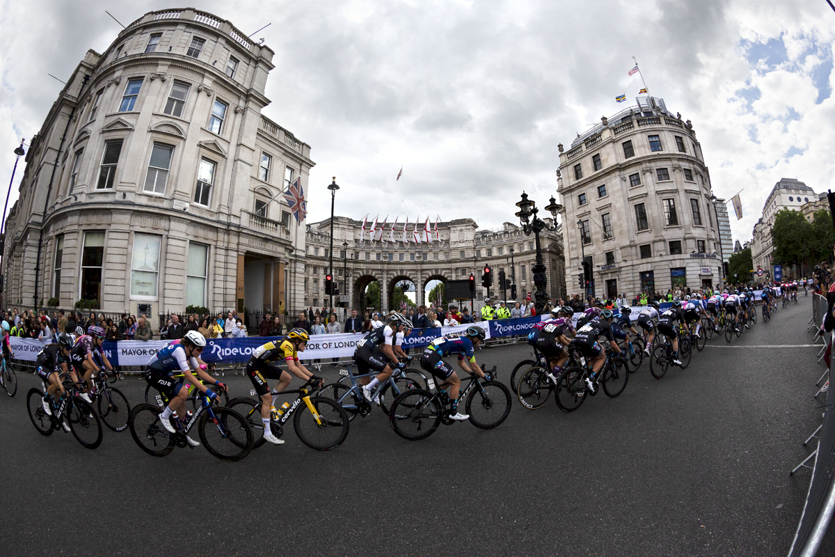 RideLondon Classique 2022 - Riders pass in front of Admiralty Arch in central London