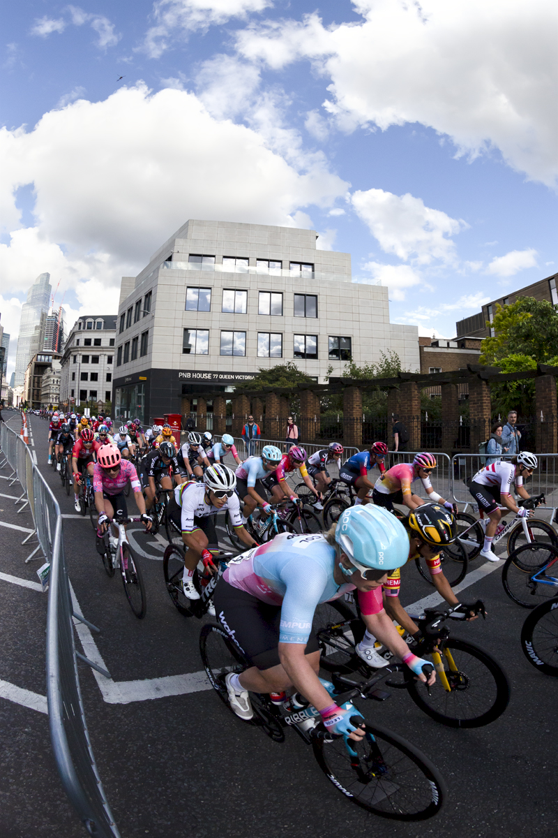 RideLondon Classique 2022 - The peloton ride down Queen Victoria Street