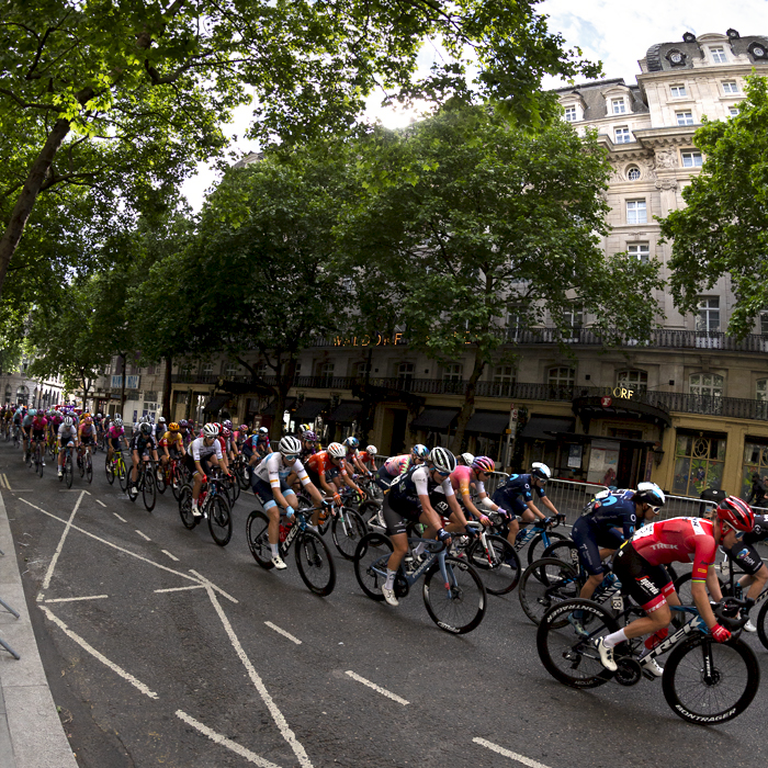 RideLondon Classique 2022 - The riders pass by the Waldorf Hotel