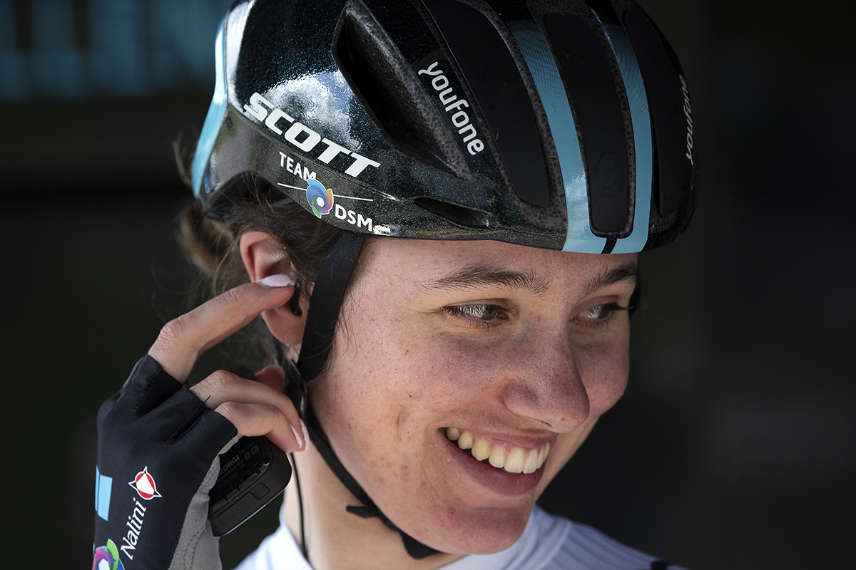 RideLondon Classique 2022 - Pfeiffer Georgi of Team DSM adjusts her earpiece as she prepares for the days race