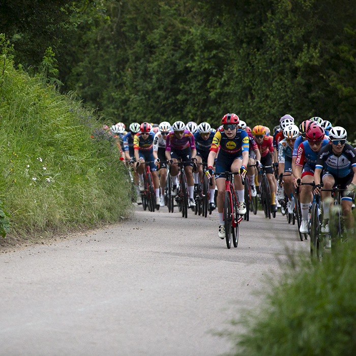 RideLondon Classique 2024 - The peloton rounds the corner past a high verge