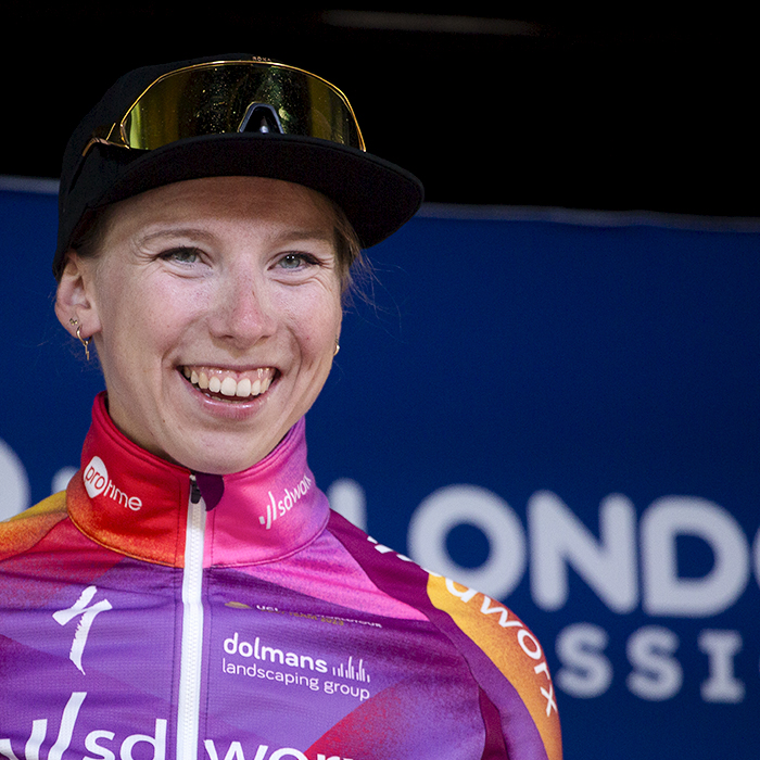 RideLondon Classique 2024 - Lorena Wiebes on the podium in London after winning the stage and the overall race