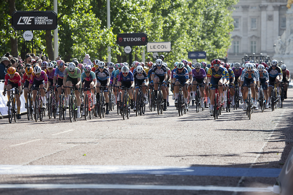 RideLondon Classique 2024 - The peloton races down The Mall in London