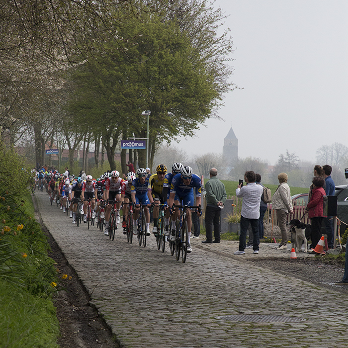 Tour of Flanders 2019 - The peloton moves down Paddestraat with a church in the distance