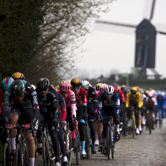 Ronde van Vlaanderen 2023 - The peloton on Huisepontweg with the Schietsjampettermolen windmill in the background