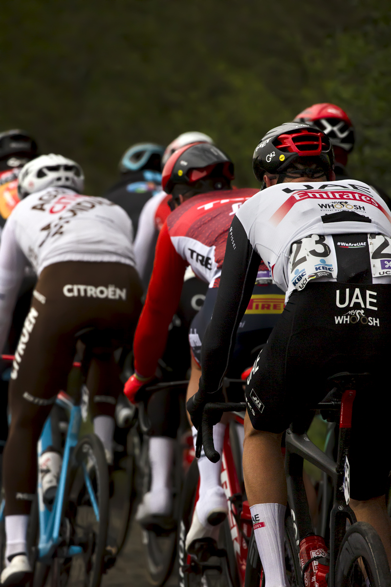 Ronde van Vlaanderen 2023 - The peloton from the rear with Sjoerd Bax of UAE Team Emirates in view