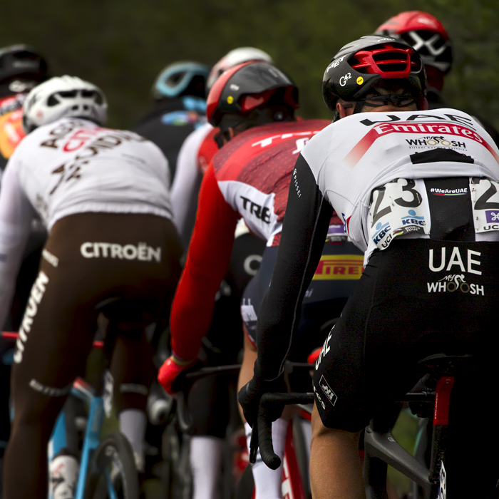 Ronde van Vlaanderen 2023 - The peloton from the rear with Sjoerd Bax of UAE Team Emirates in view