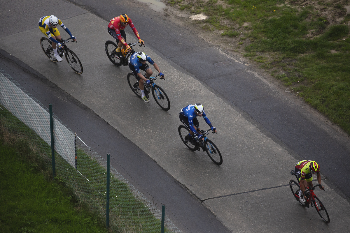 Ronde van Vlaanderen 2024 - A group of riders seen from above in Brakel