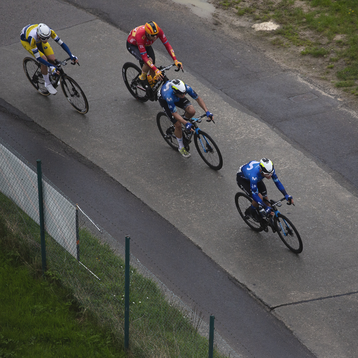 Ronde van Vlaanderen 2024 - A group of riders seen from above in Brakel