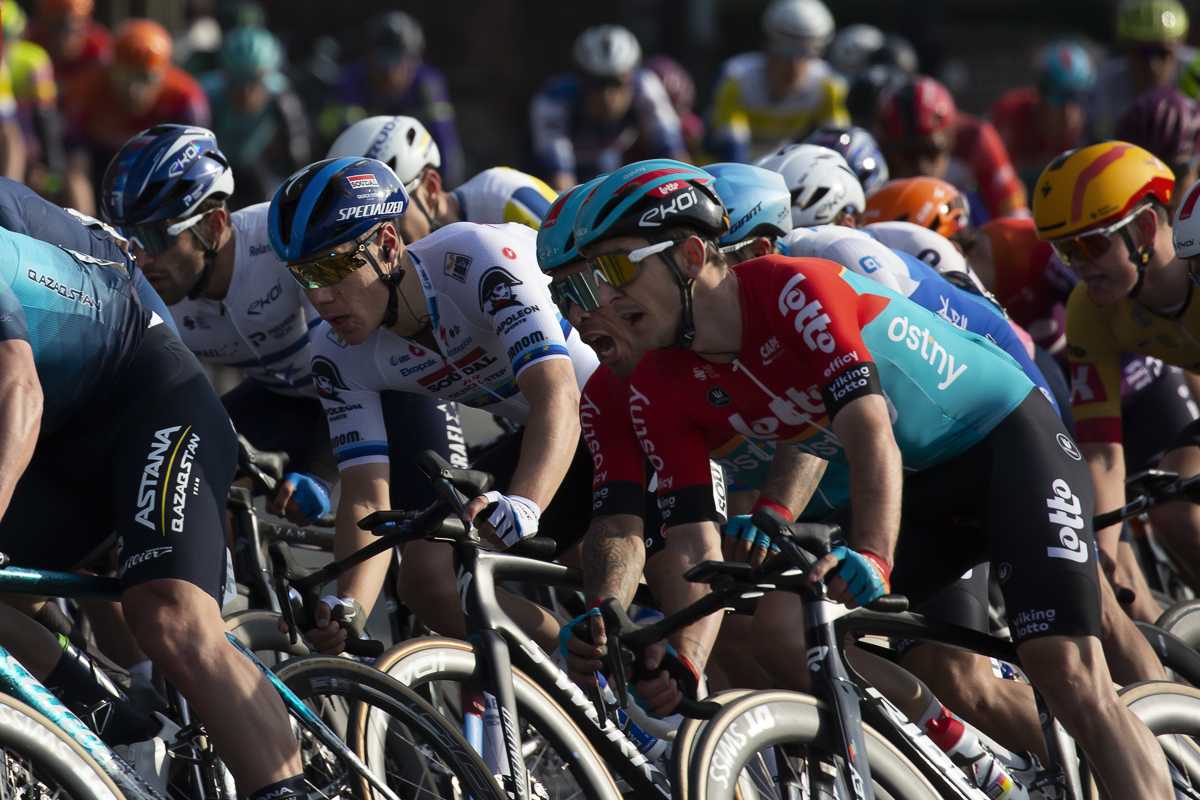 Scheldeprijs 2023 - A close up of Fabio Jakobsen of Soudal - Quick Step in the European Champions jersey as he fights for position