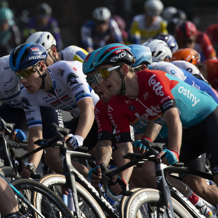 Scheldeprijs 2023 - A close up of Fabio Jakobsen of Soudal - Quick Step in the European Champions jersey as he fights for position