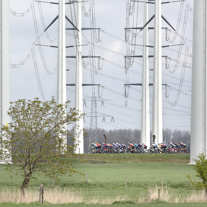 Scheldeprijs 2024 - The peloton framed by modern pylons near Heinkenszand