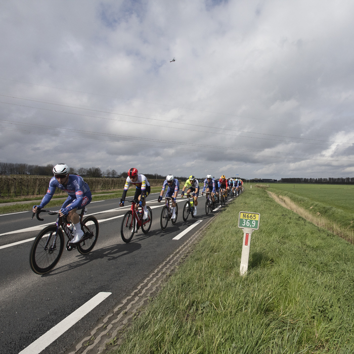 Scheldeprijs 2024 - Riders on a typical Dutch road bordered by dykes near Heinkenszand