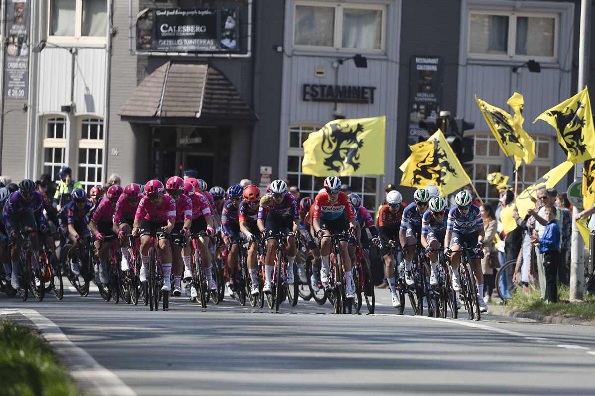 Scheldeprijs Vrouwen 2025 - The flags of Flanders are flown by the crowd on the corner of Calesbergdreef
