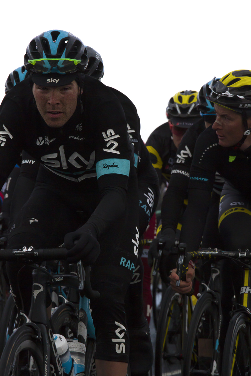 Tour de Yorkshire 2016 - Luke Rowe wraps up against the cold at Stump Cross