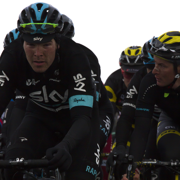 Tour de Yorkshire 2016 - Luke Rowe wraps up against the cold at Stump Cross