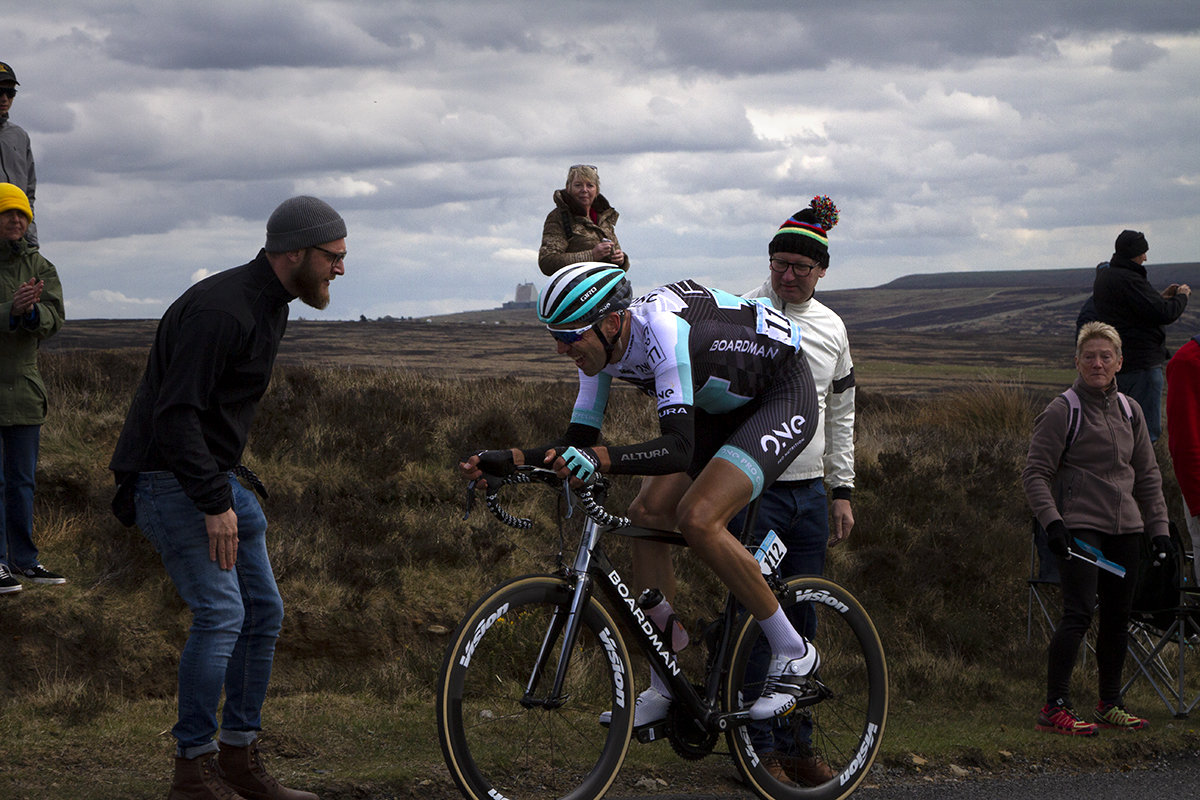 Tour de Yorkshire 2017 - Kamil Gradek is encouraged by fans as he climbs the hill at Goathland