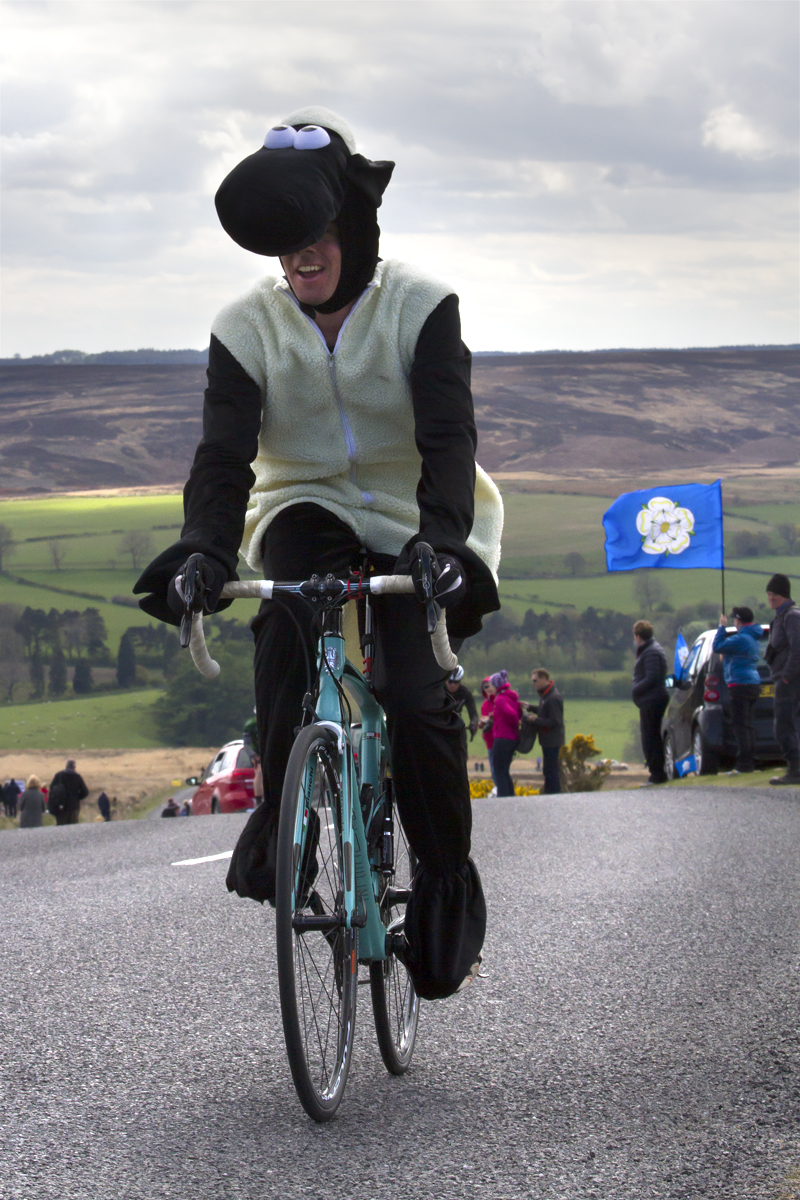 Tour de Yorkshire 2017 - A Yorkshire flag flys as a man dressed as a sheep cycles past at Goathland