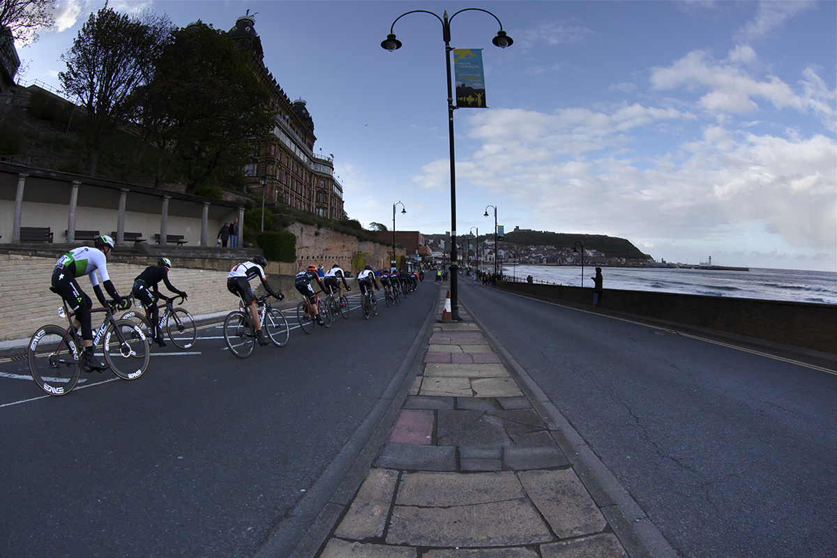 Tour de Yorkshire 2019 - riders make their way past the Grand Hotel in Scarborough