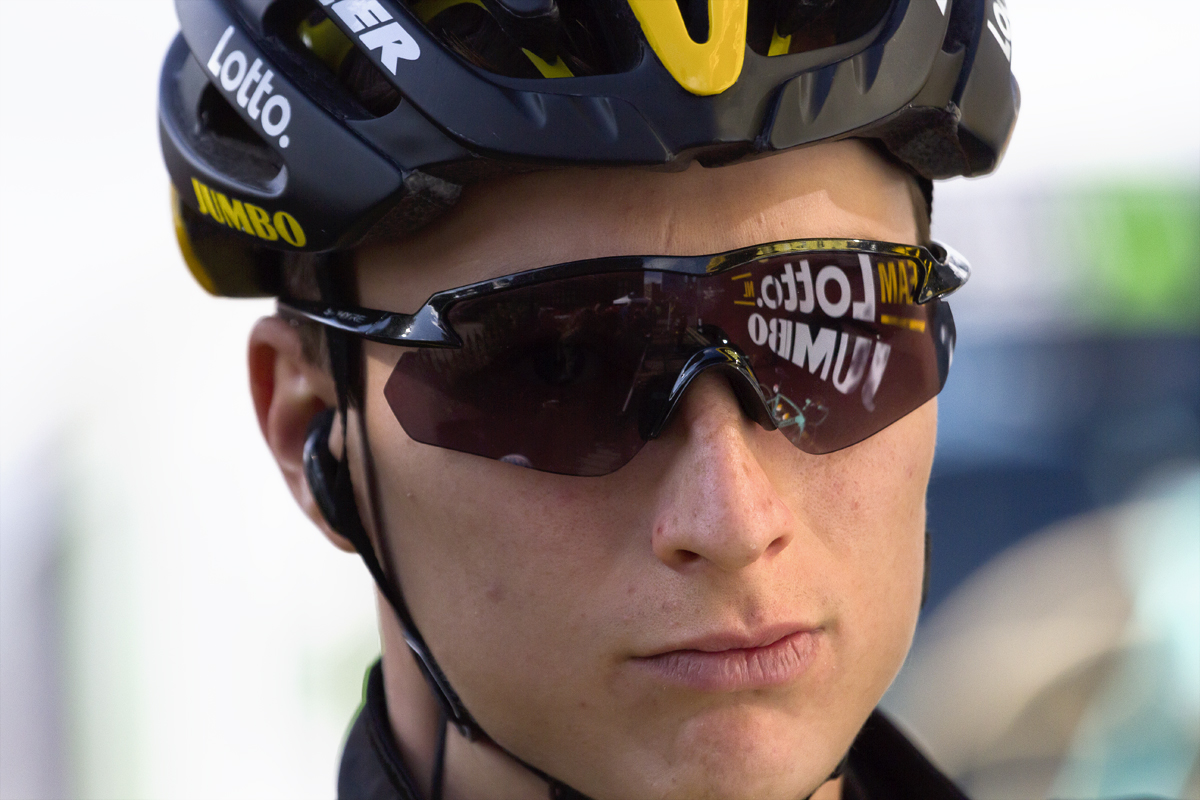 Tour of Britain 2018 - Neilson Powless with Lotto Jumbo reflected in his sunglasses