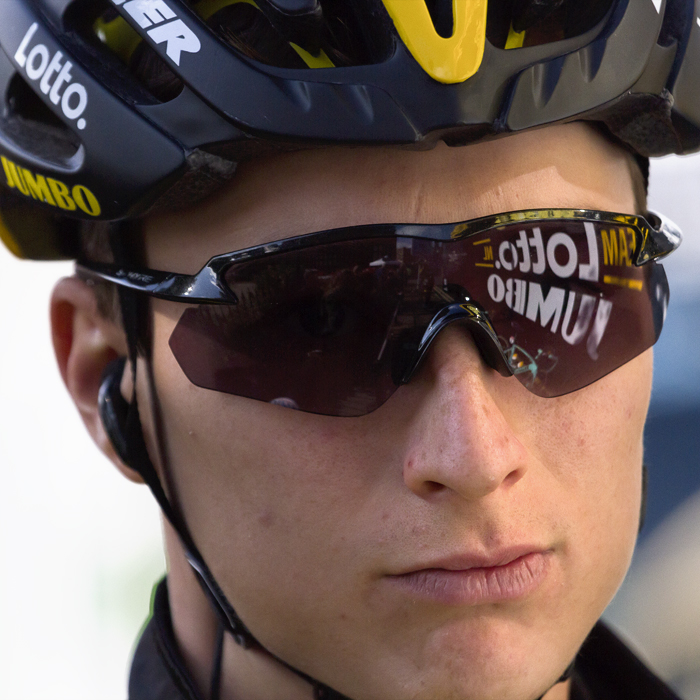 Tour of Britain 2018 - Neilson Powless with Lotto Jumbo reflected in his sunglasses