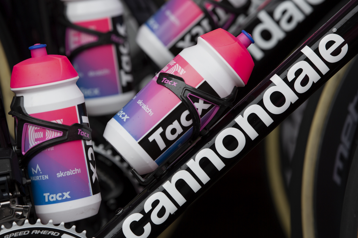 Tour of Britain 2019 - Close up of bidons on a Cannondale - EF Education First bike