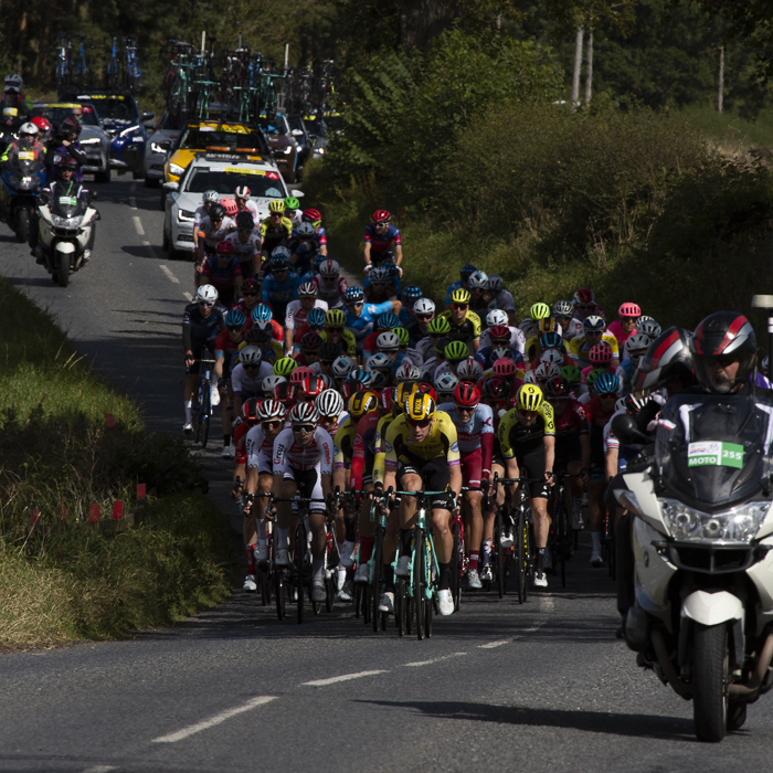 Tour of Britain 2019 - the peloton heads up a road on the outskirts of Kelso