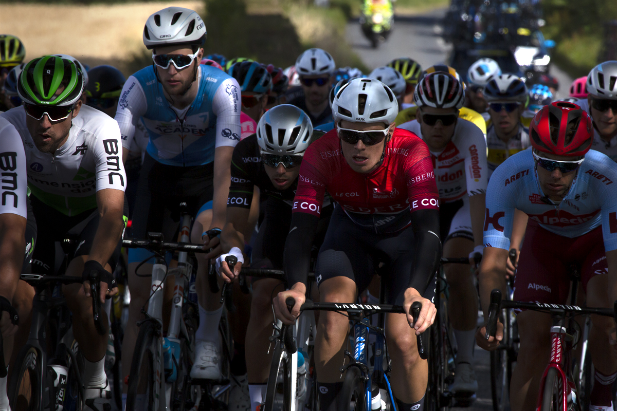 Tour of Britain 2019 - a close up of riders in the peloton near Kelso