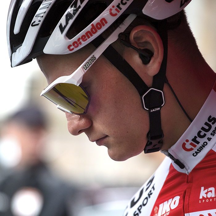 Tour of Britain 2019  - A profile of Mathieu van der Poel looking downwards before the start of the race