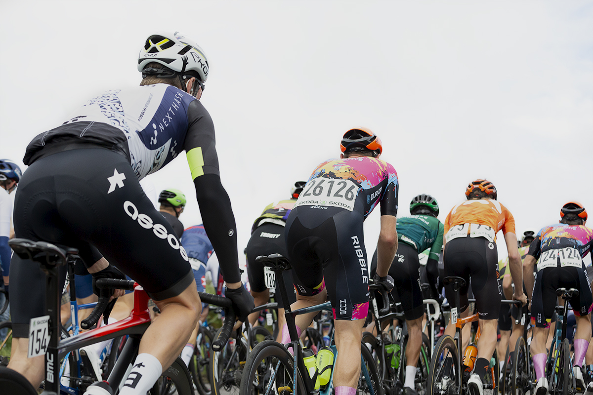 Tour of Britain 2021 - The rear of the peloton as it rides away on its way up Cairn O’Mount