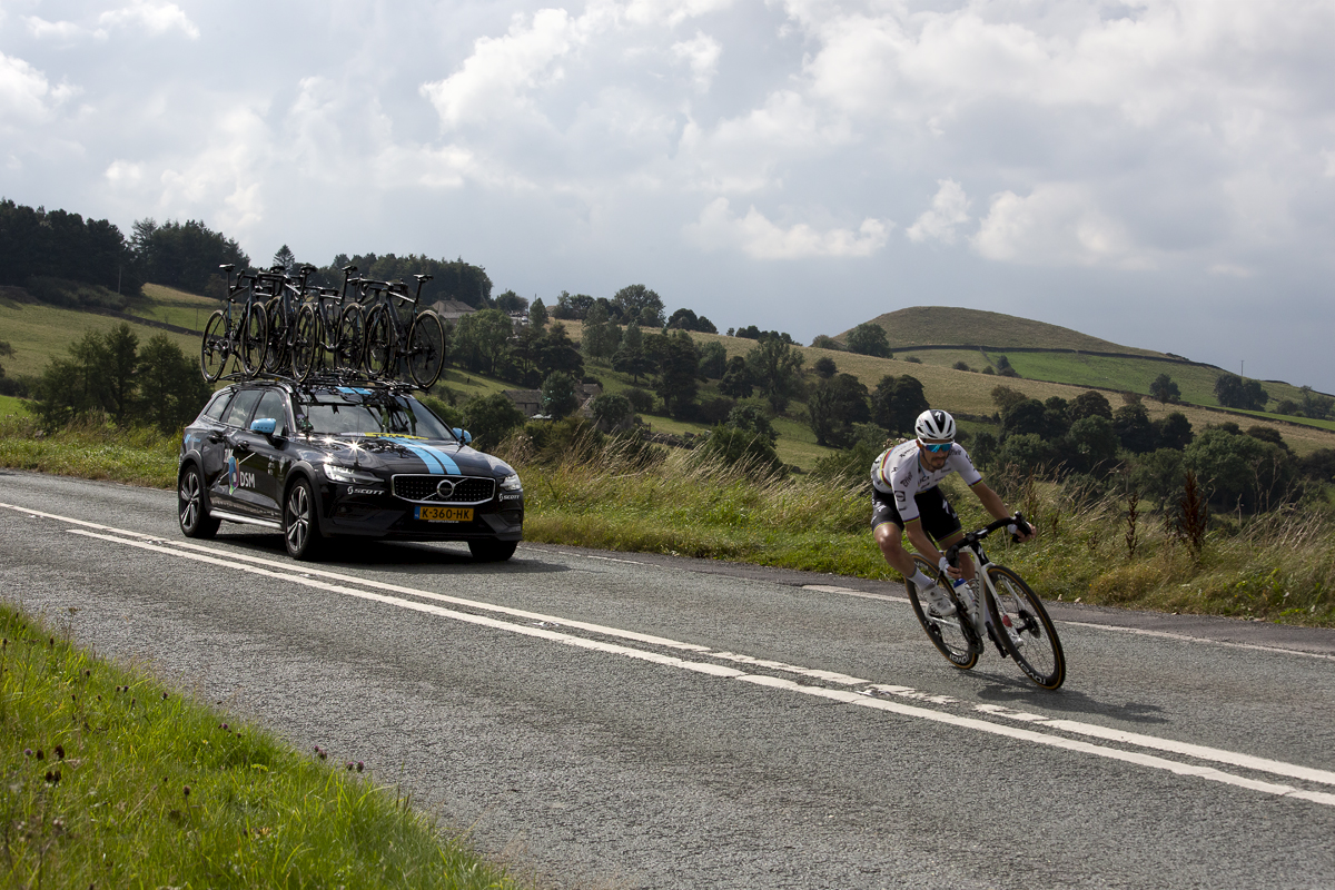 Tour of Britain 2021 - Julian Alaphilippe of Deceuninck - Quick Step in his World Champions jersey tackles the country roads beneath Keskhill