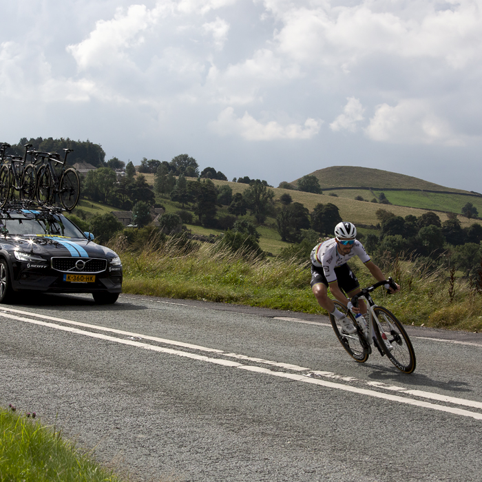 Tour of Britain 2021 - Julian Alaphilippe of Deceuninck - Quick Step in his World Champions jersey tackles the country roads beneath Keskhill