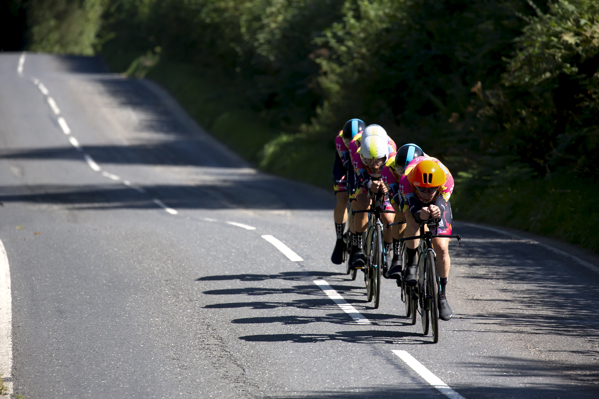 Tour of Britain 2021 - Team Time Trial - Long shadows are cast by the Ribble Weldtite Procycling team