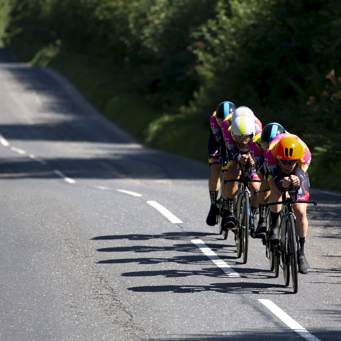 Tour of Britain 2021 - Team Time Trial - Long shadows are cast by the Ribble Weldtite Procycling team