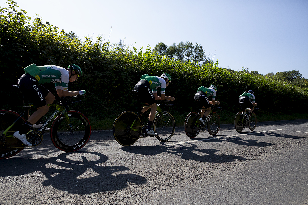 Tour of Britain 2021 - Team Time Trial - Caja Rural Seguros RGA team’s shadows show their aero positions