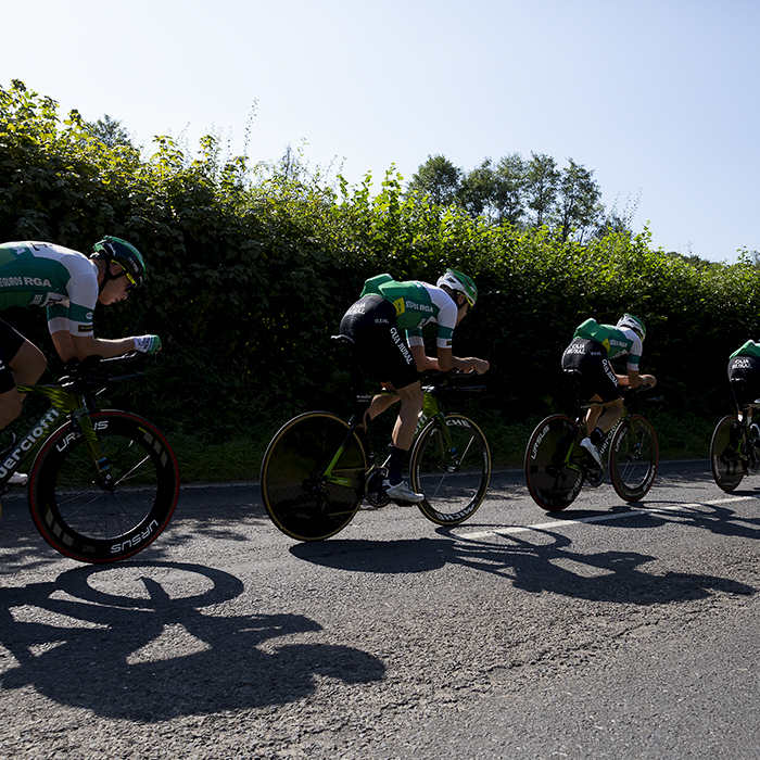 Tour of Britain 2021 - Team Time Trial - Caja Rural Seguros RGA team’s shadows show their aero positions