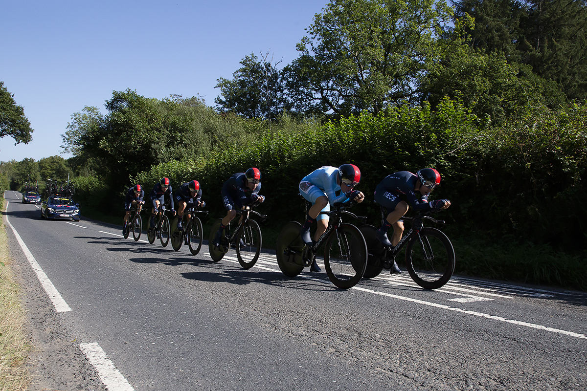 Tour of Britain 2021 - Team Time Trial - INEOS Grenadiers’ Ethan Hayter  wears the leaders jersey as he switches positions with a team mate