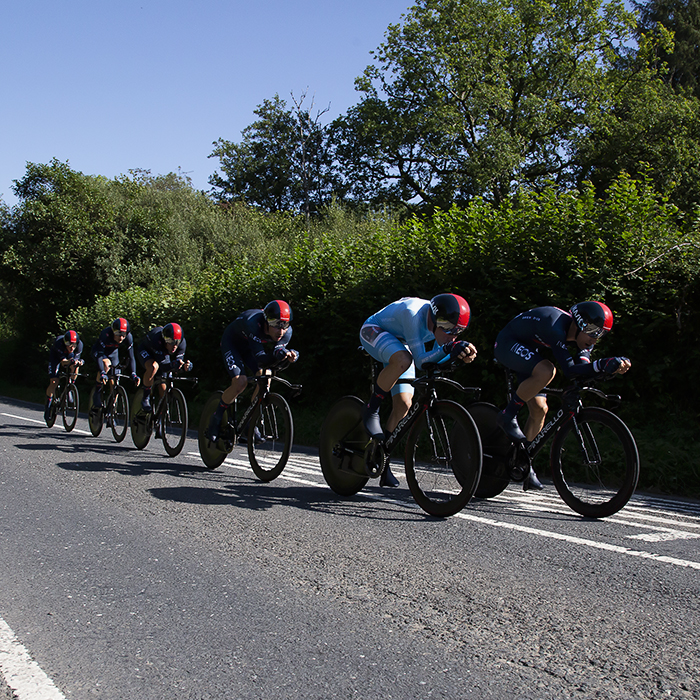 Tour of Britain 2021 - Team Time Trial - INEOS Grenadiers’ Ethan Hayter  wears the leaders jersey as he switches positions with a team mate