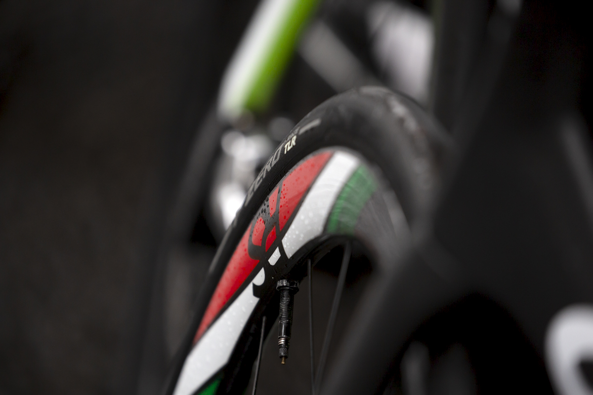 Tour of Britain 2022 - Close up of bike wheel from Italian Champion from Bardiani-CSF-Faizanè Filippo Zana’s bike