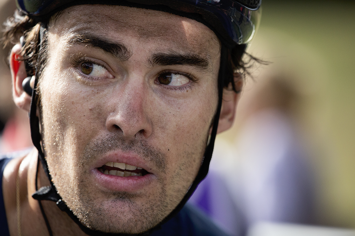 Tour of Britain 2022 - Close up portrait of Gonzalo Serrano as he nervously looks for confirmation he leads the race after winning in Helmsley