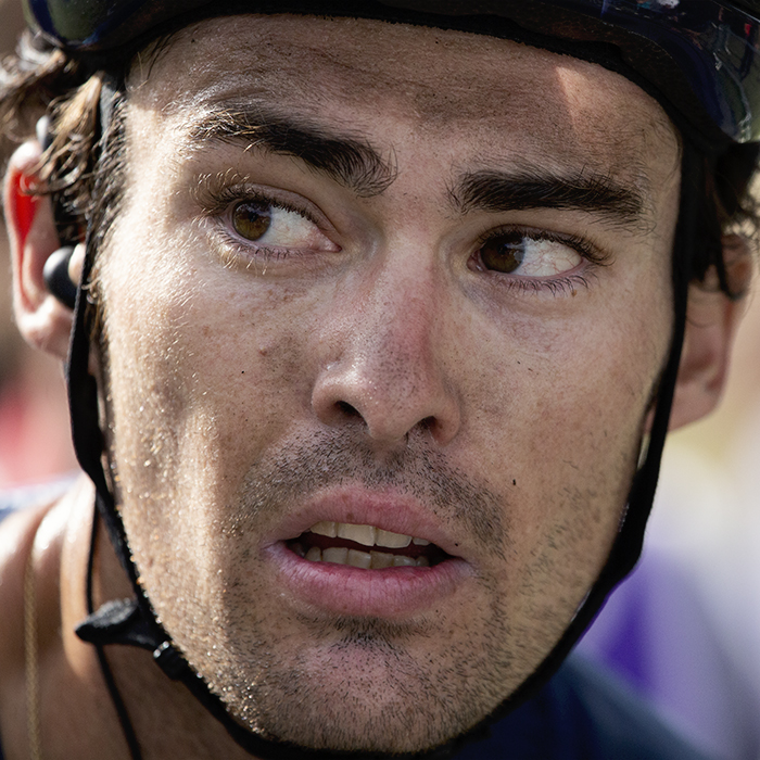 Tour of Britain 2022 - Close up portrait of Gonzalo Serrano as he nervously looks for confirmation he leads the race after winning in Helmsley