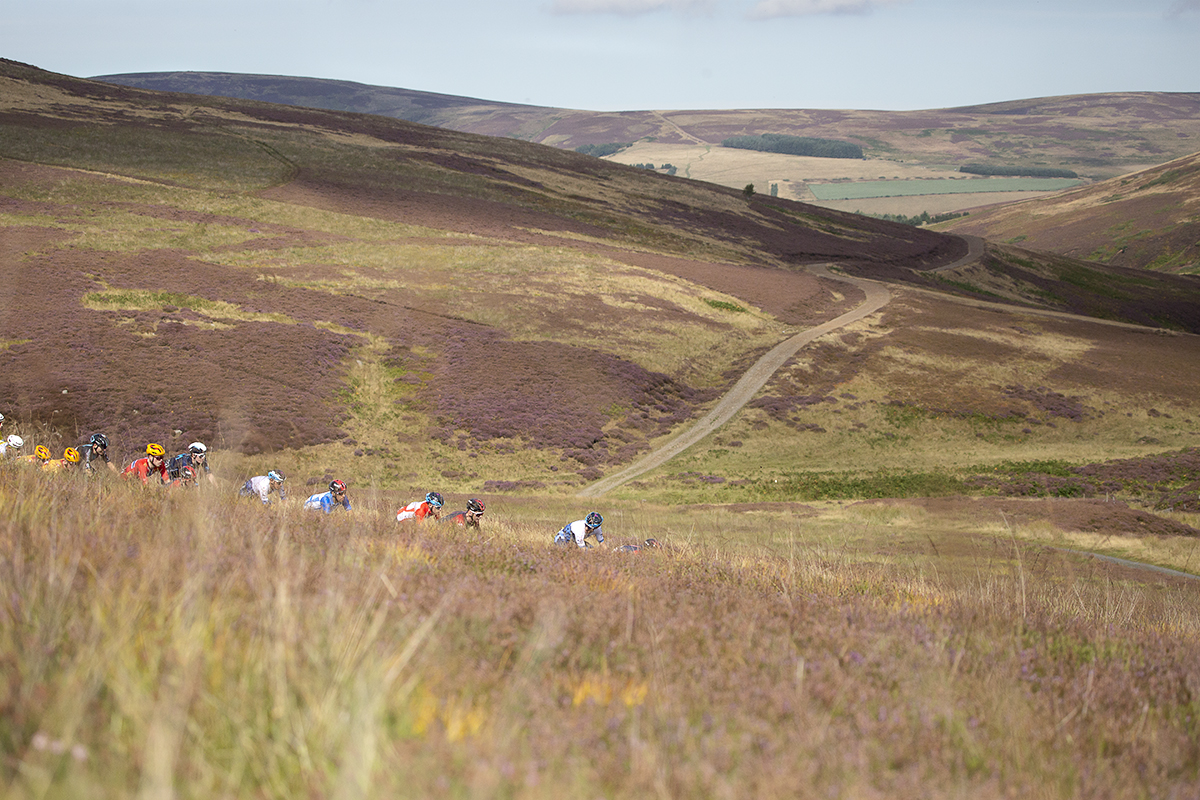 Tour of Britain 2022 - The riders poke above the heather on the moor in the Scottish Borders on stage 2