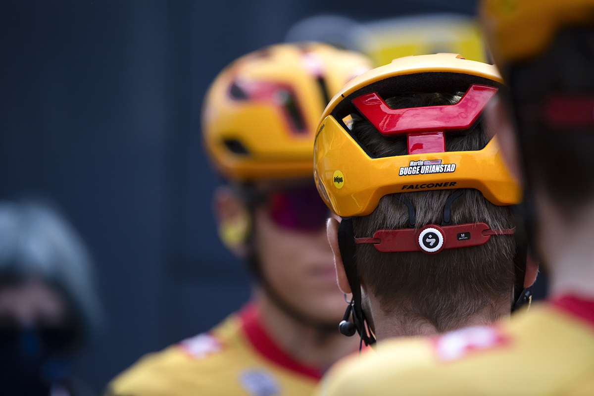 Tour of Britain 2022 - Uno-X Pro Cycling Team back of Martin Bugge Urianstad’s helmet