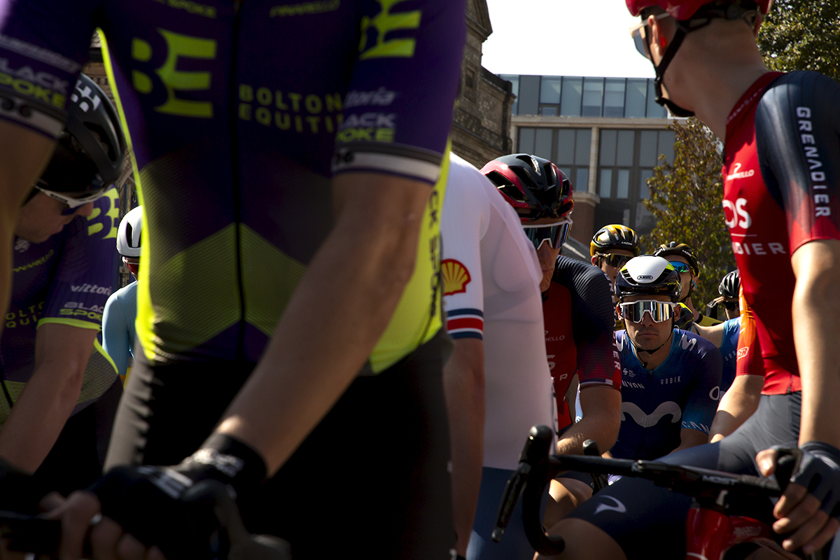 Tour of Britain 2023 - 2022 champion, Gonzalo Serrano of Movistar Team on the start line framed by other riders